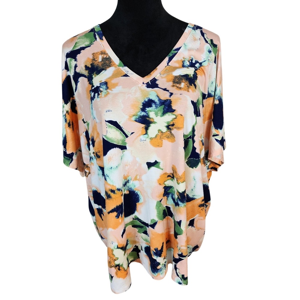 New! WONDERLY Size XXL Floral Blur Soft‎ Knit V-Neck Dolman Sleeve Casual Shirt